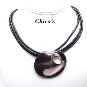 Chico's Leather Cords Silver Tone Distressed Pendant Necklace, 20 Inches